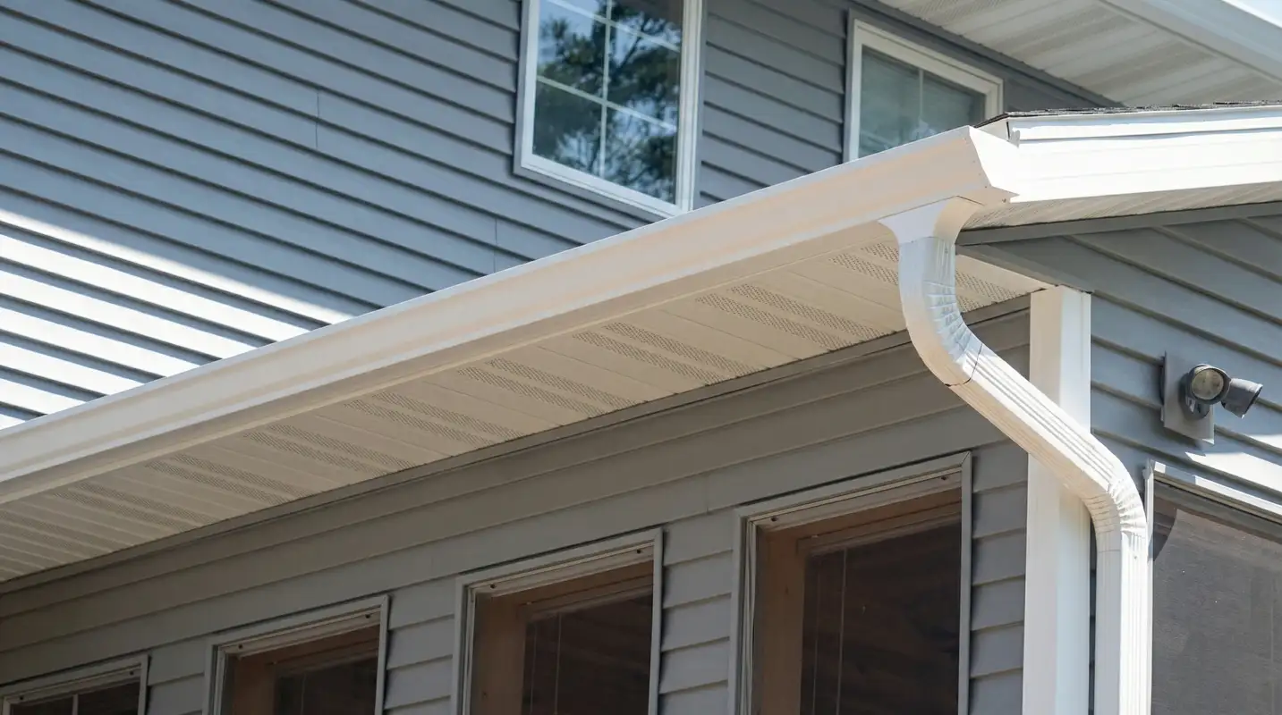 Professional home remodeling project showing newly installed white seamless gutters and downspouts on a house with gray siding in Fresno, CA