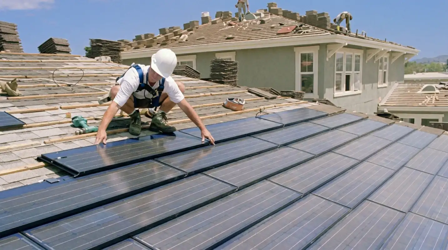 Roof replacement expert installing modern solar shingles on a residential home in Fresno, CA