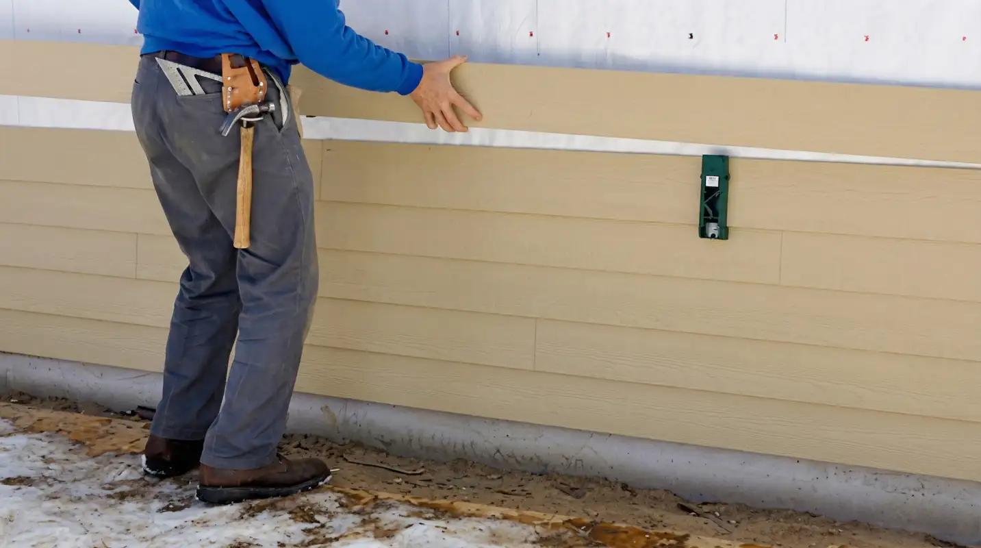 Siding replacement expert carefully aligning a new tan siding panel onto a residential exterior wall in Fresno, CA