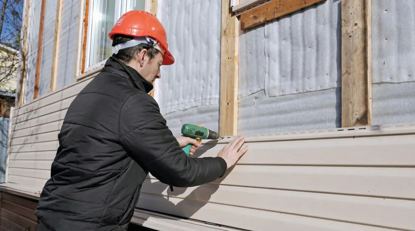 Siding replacement professional using a power drill to install new tan vinyl siding on a home exterior in Fresno, CA