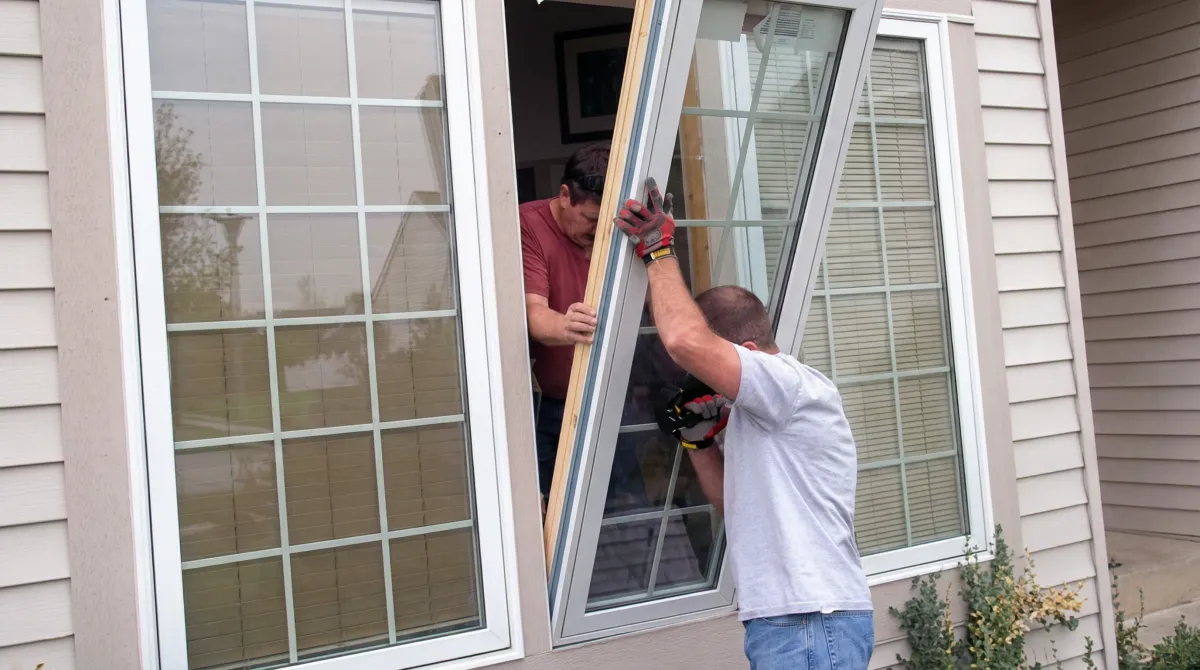 Professional home remodeling team installing a large replacement window on a house with tan siding in Fresno, CA