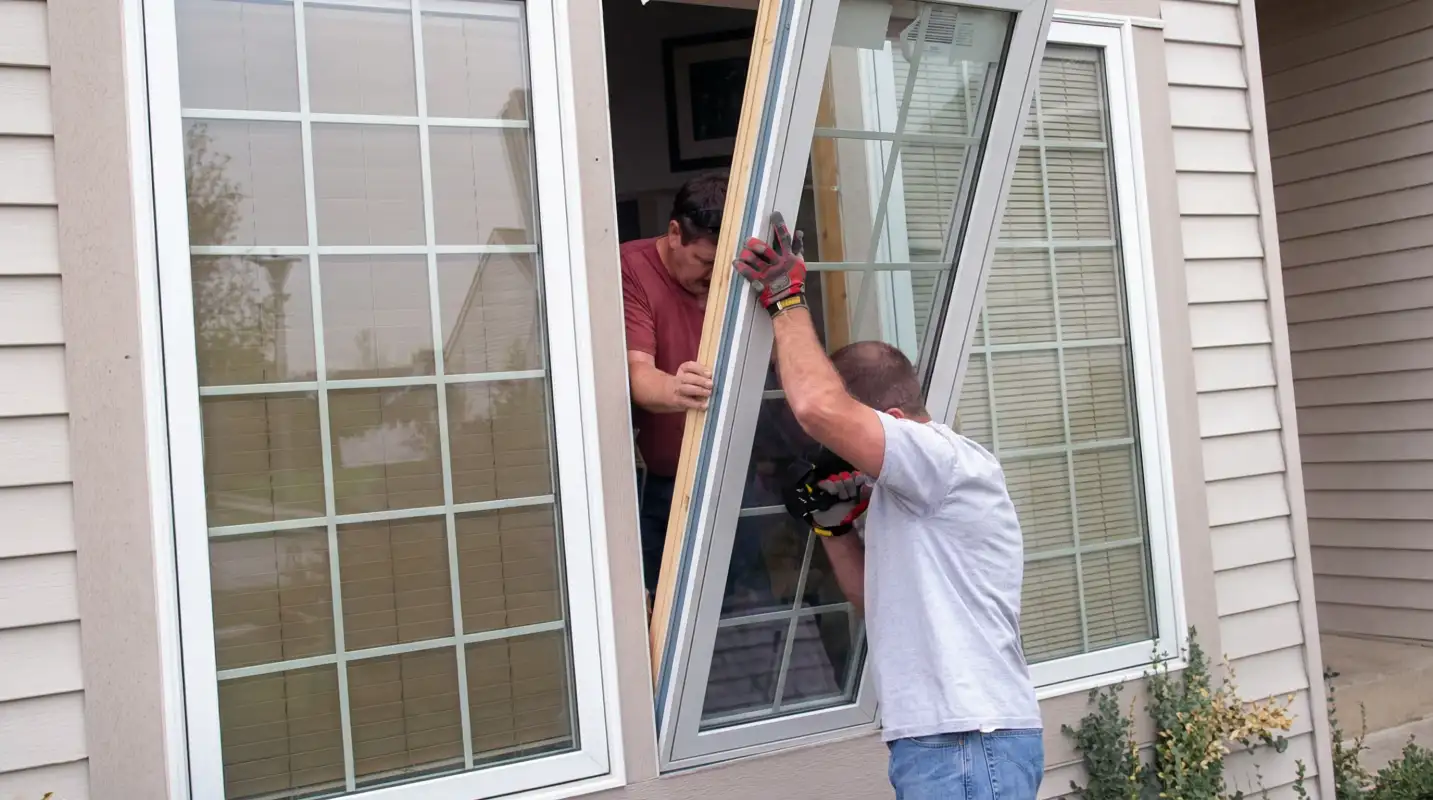 Professional home remodeling team installing a large replacement window on a house with tan siding in Fresno, CA